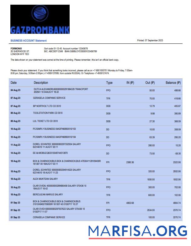 Downloadable Gazprombank firm account statement Word and PDF template